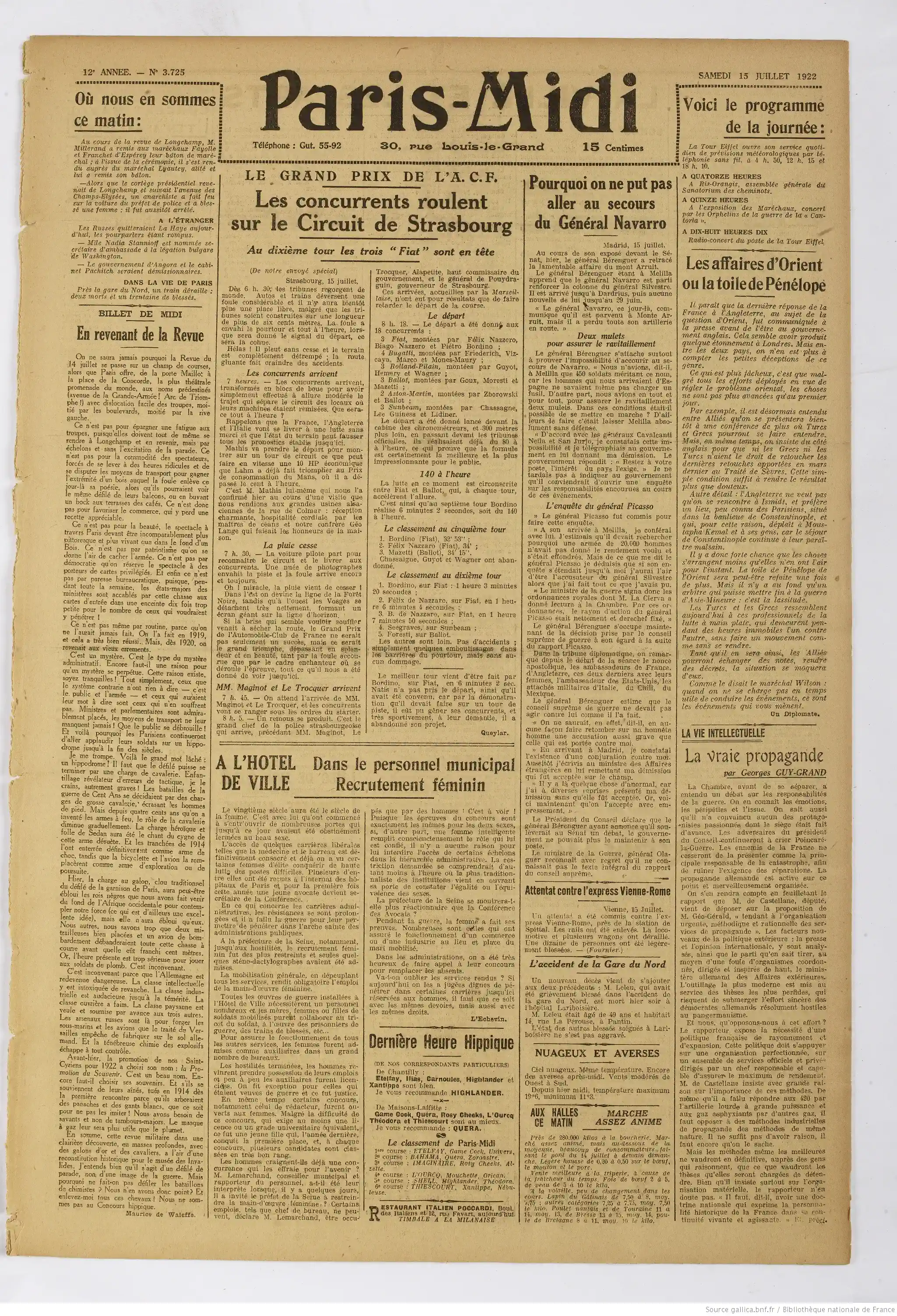 Paris midi édition du 15 juillet 1922 la une article à lire traitant de l emploi des femmes à la mairie de ParisV