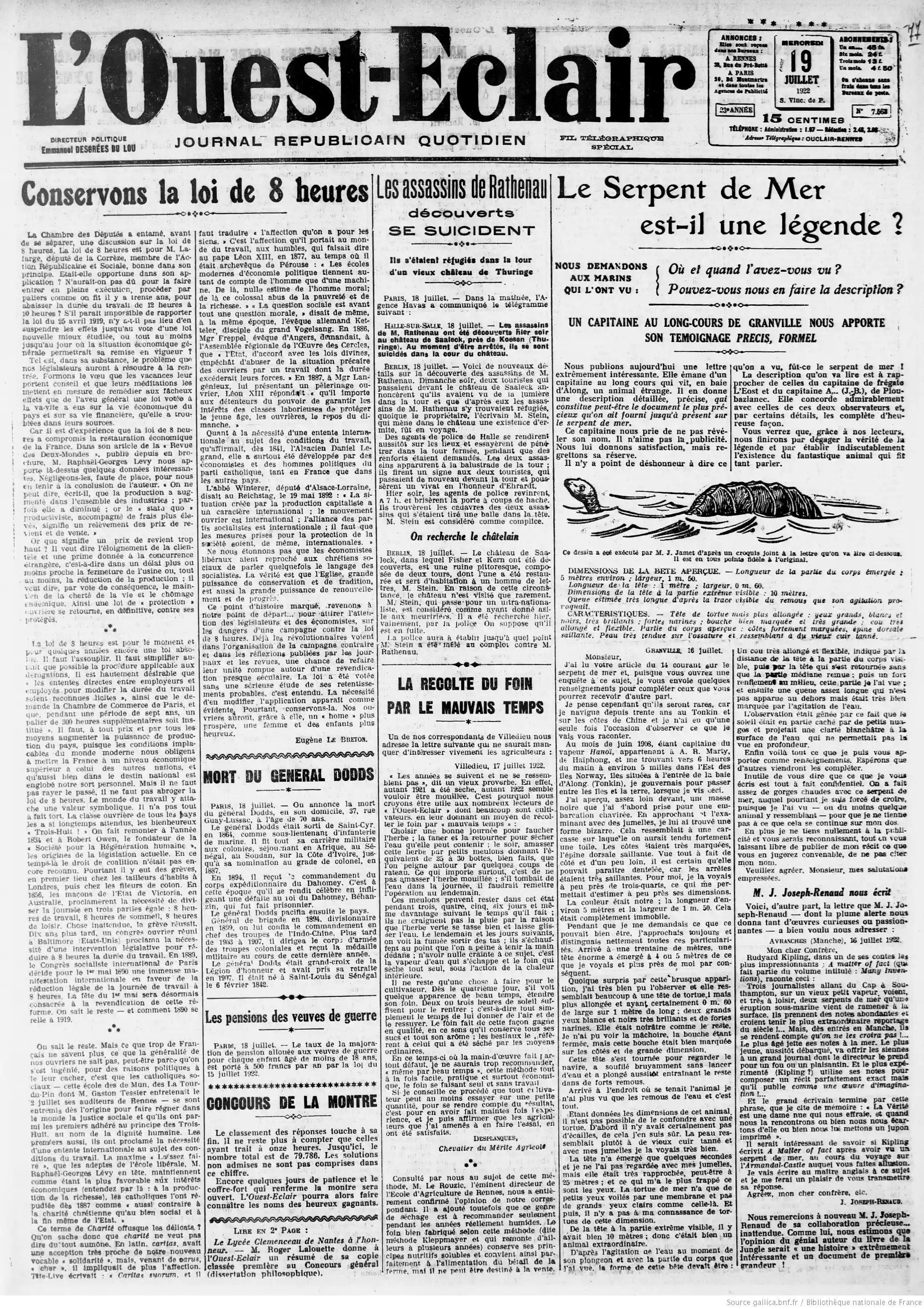 LOuest Éclair édition du 19 juillet 1922 la page une à lire le serpent de mer est il une légende