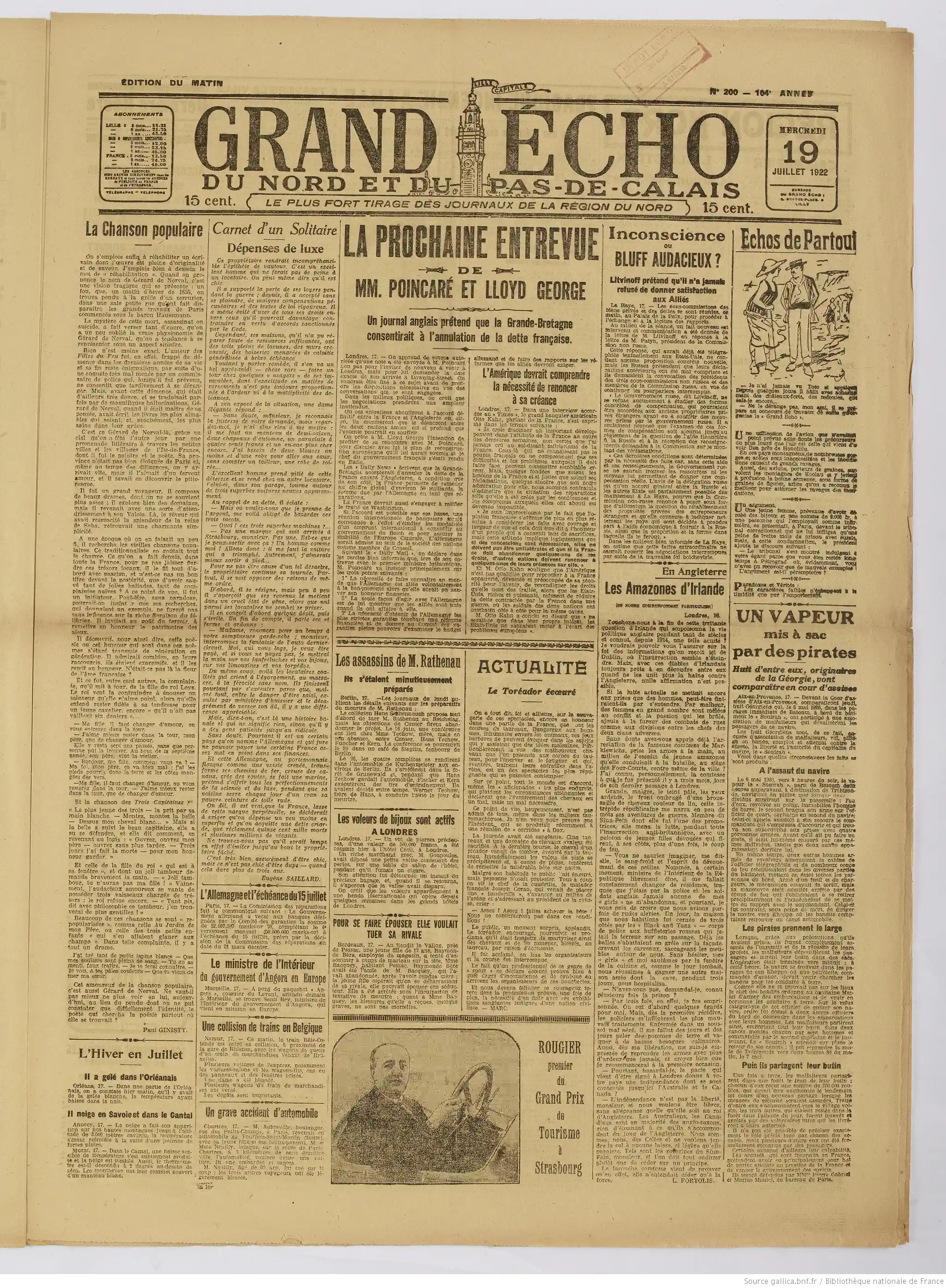 Le Grand écho du Nord édition du 19 juillet 1922 page une à lire une corrida interrompue par un torero car il estime que cela ressemble à une boucherie