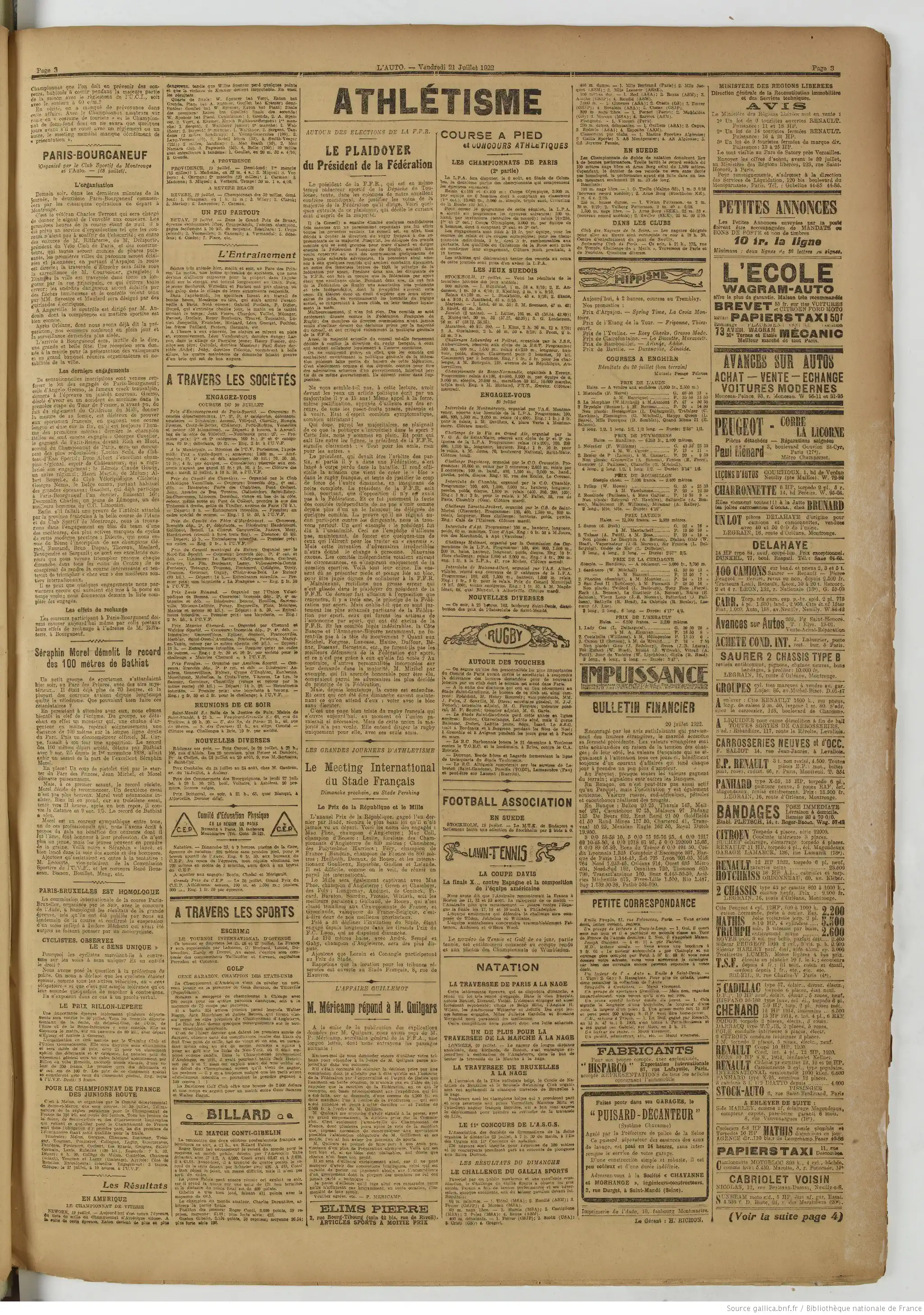 LAuto vélo édition du 21 juillet 1922 cyclisme page trois Morel fait tomber le record du cent mètres de Bathiot P3