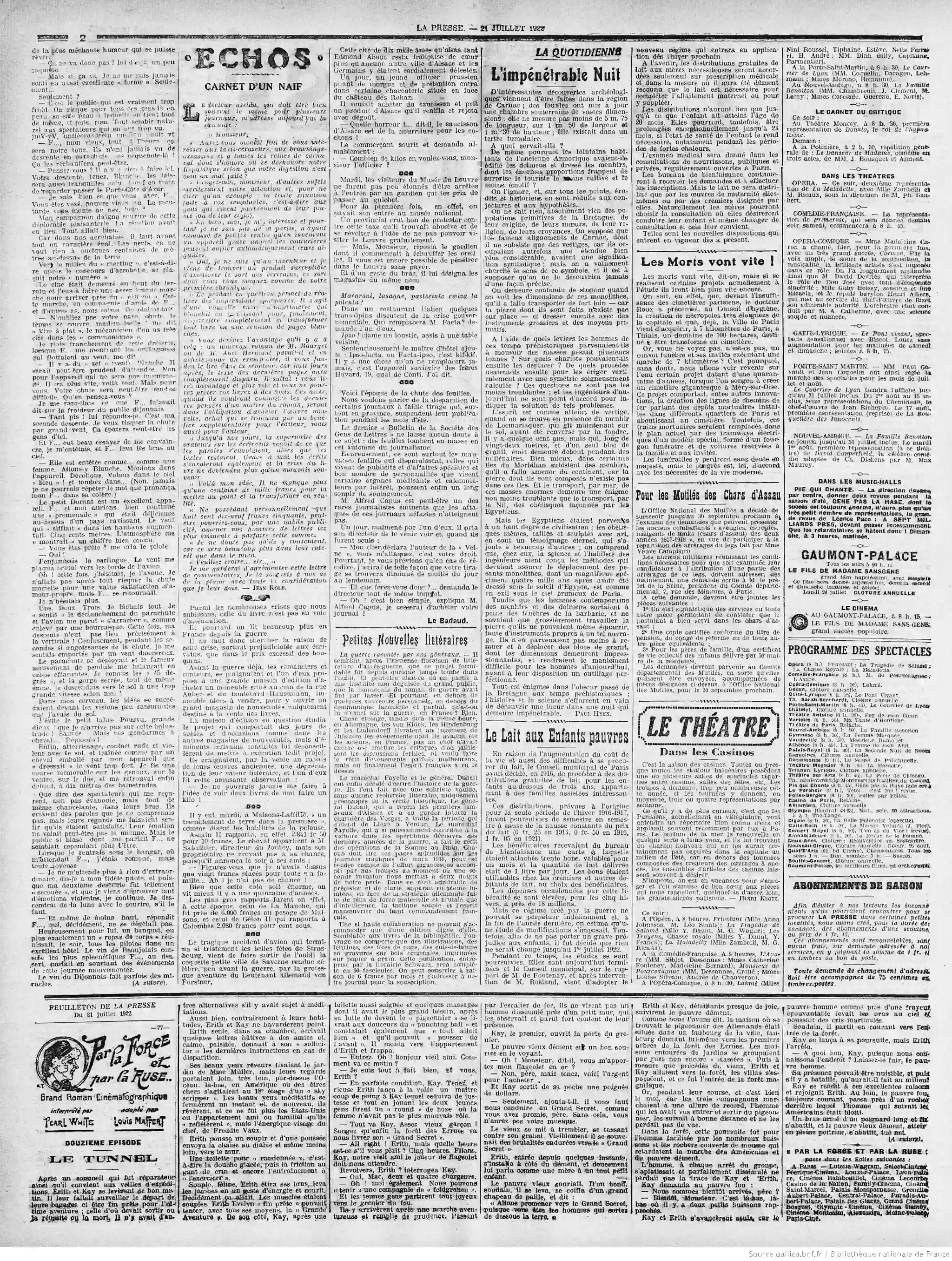 La Presse édition du 21 juillet 1922 la page deux le lait aux enfants pauvres P2 1