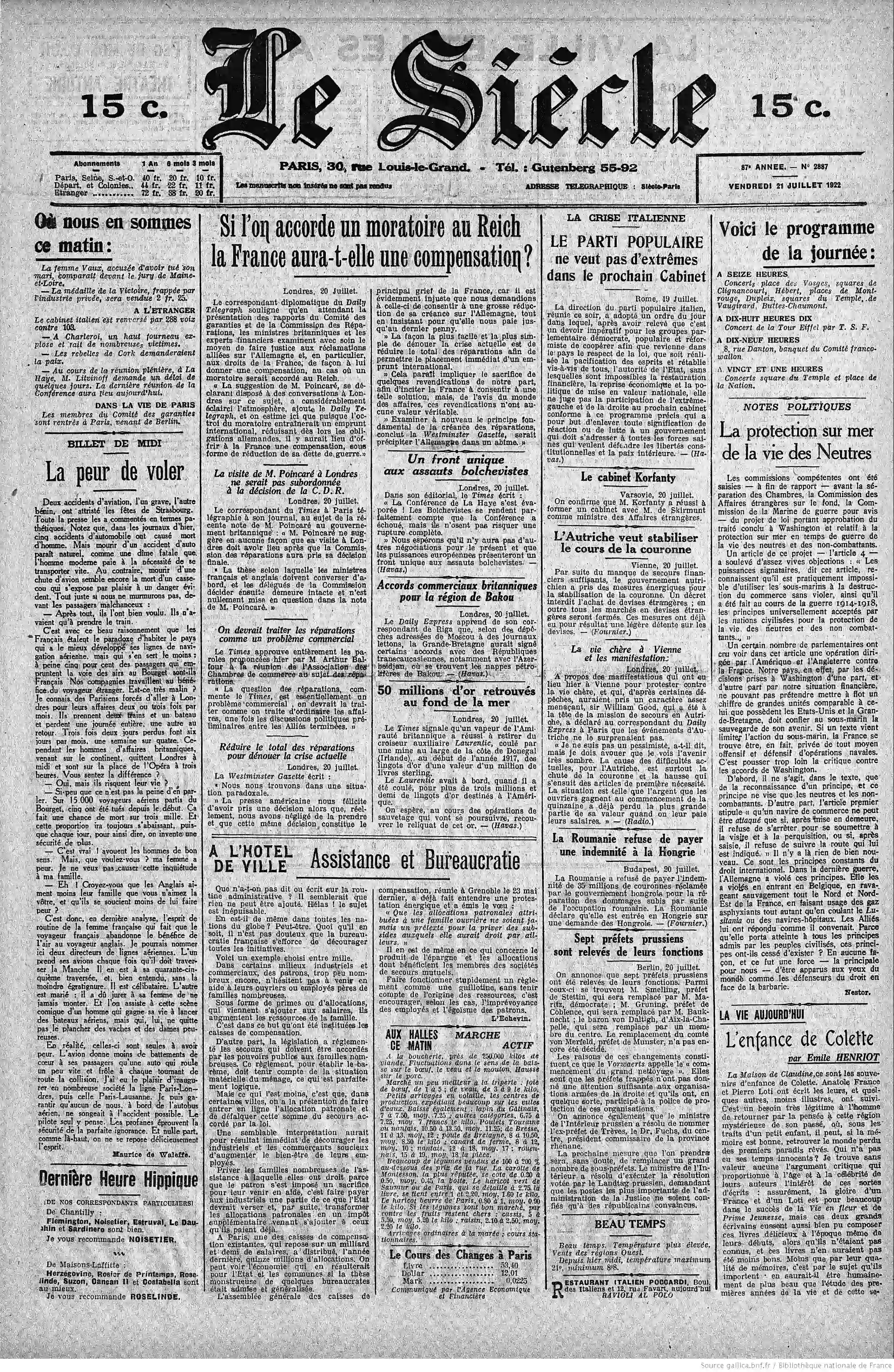 Le Siècle édition du 21 juillet 1922 page une la bureaucratie nous empoisonne la vie