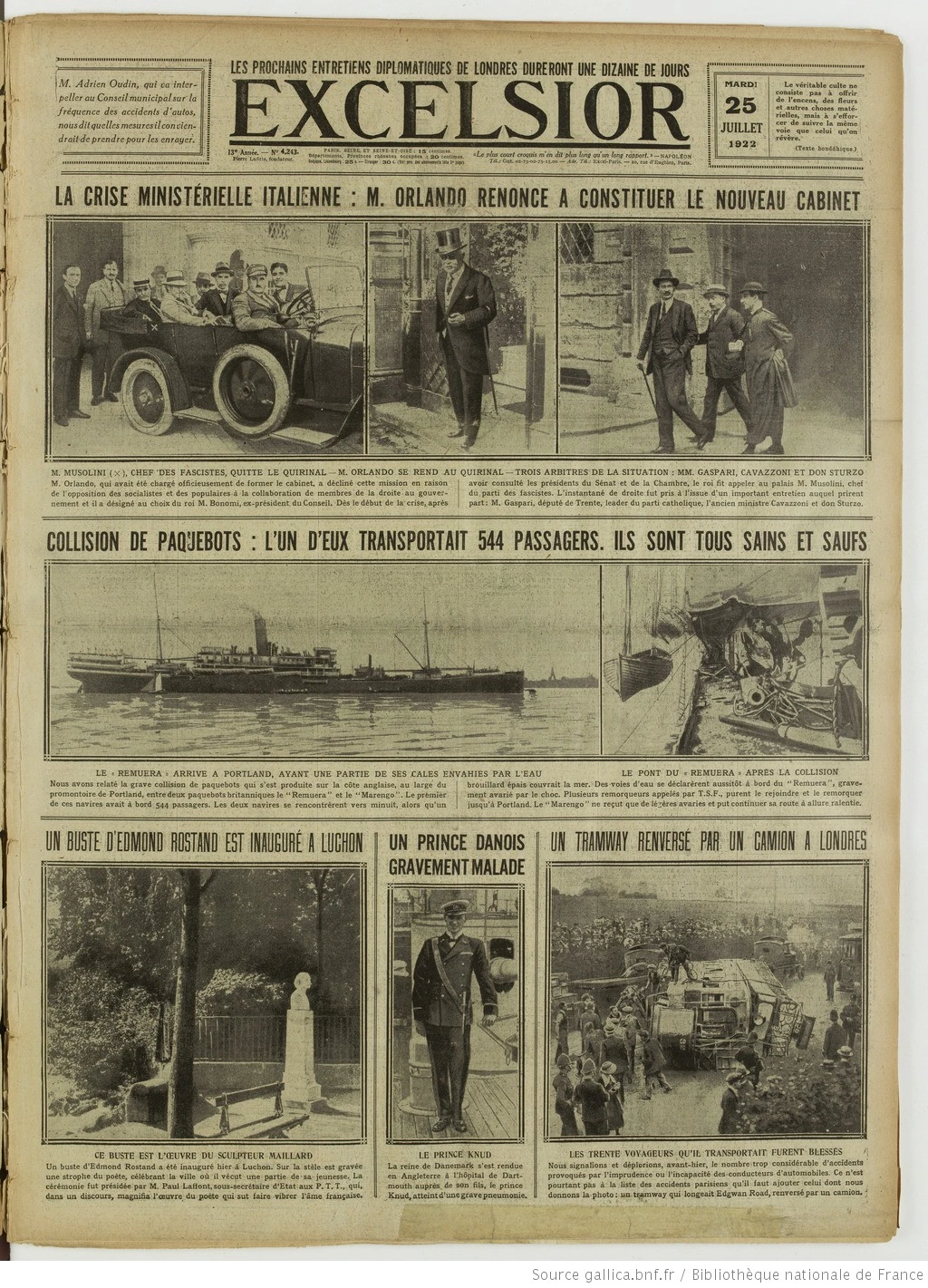 Excelsior édition du 25 juillet 1922 la une du journal P1