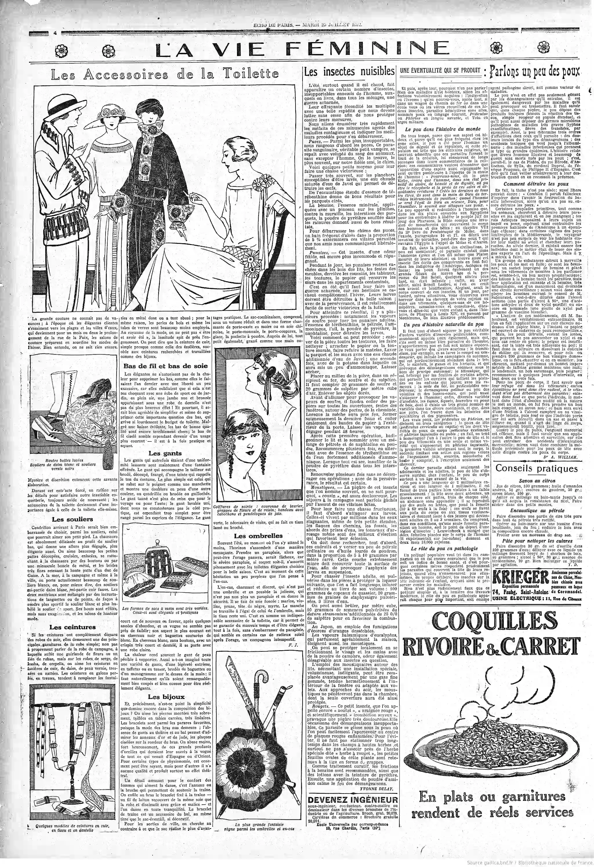 LÉcho de Paris édition du 25 juillet 1922 la page quatre les insectes nuisibles puces punaises moustiques comment s en débarasser P4