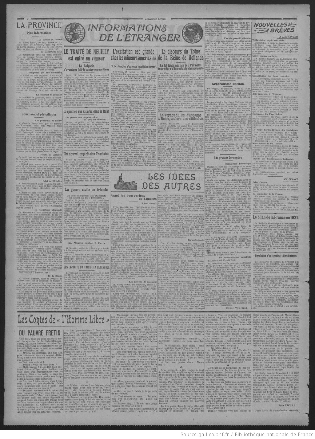 LHomme libre édition du 26 juillet 1922 la page deux la dissolution d un syndicat d instituteurs P2