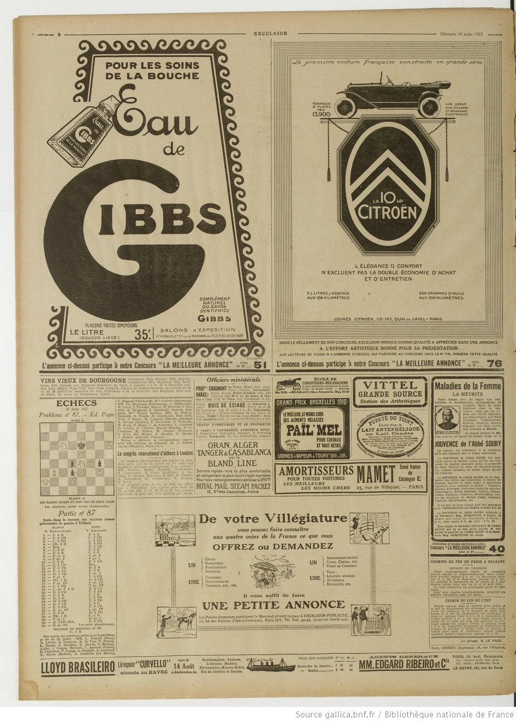 La Bignole Excelsior édition du 30 juillet 1922 la page huit problèmes jeu d échecs 8