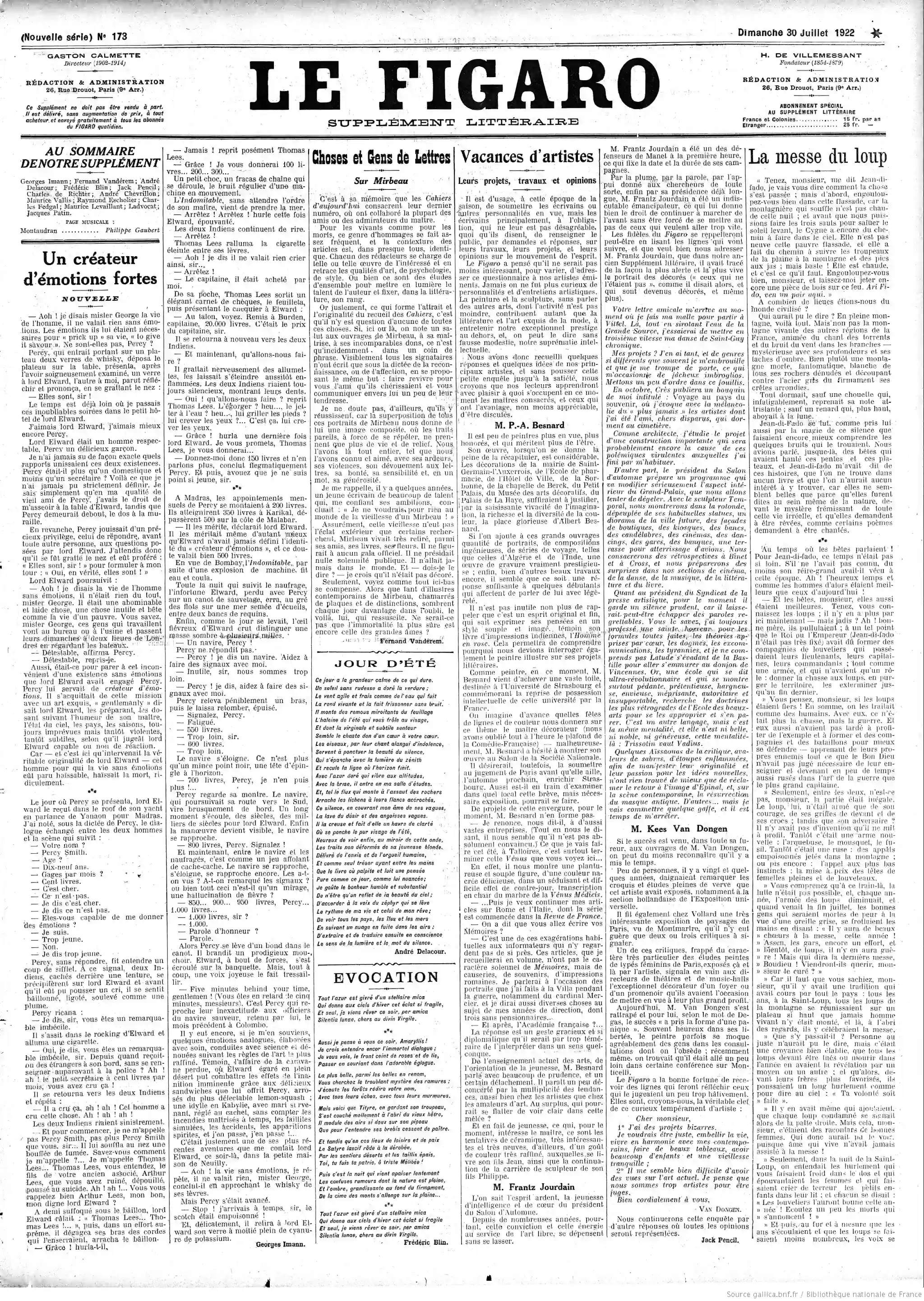 La Bignole Le Figaro édition du 30 juillet 1922 la page une poème Sully Prudhomme musique Gaston Gaubert4