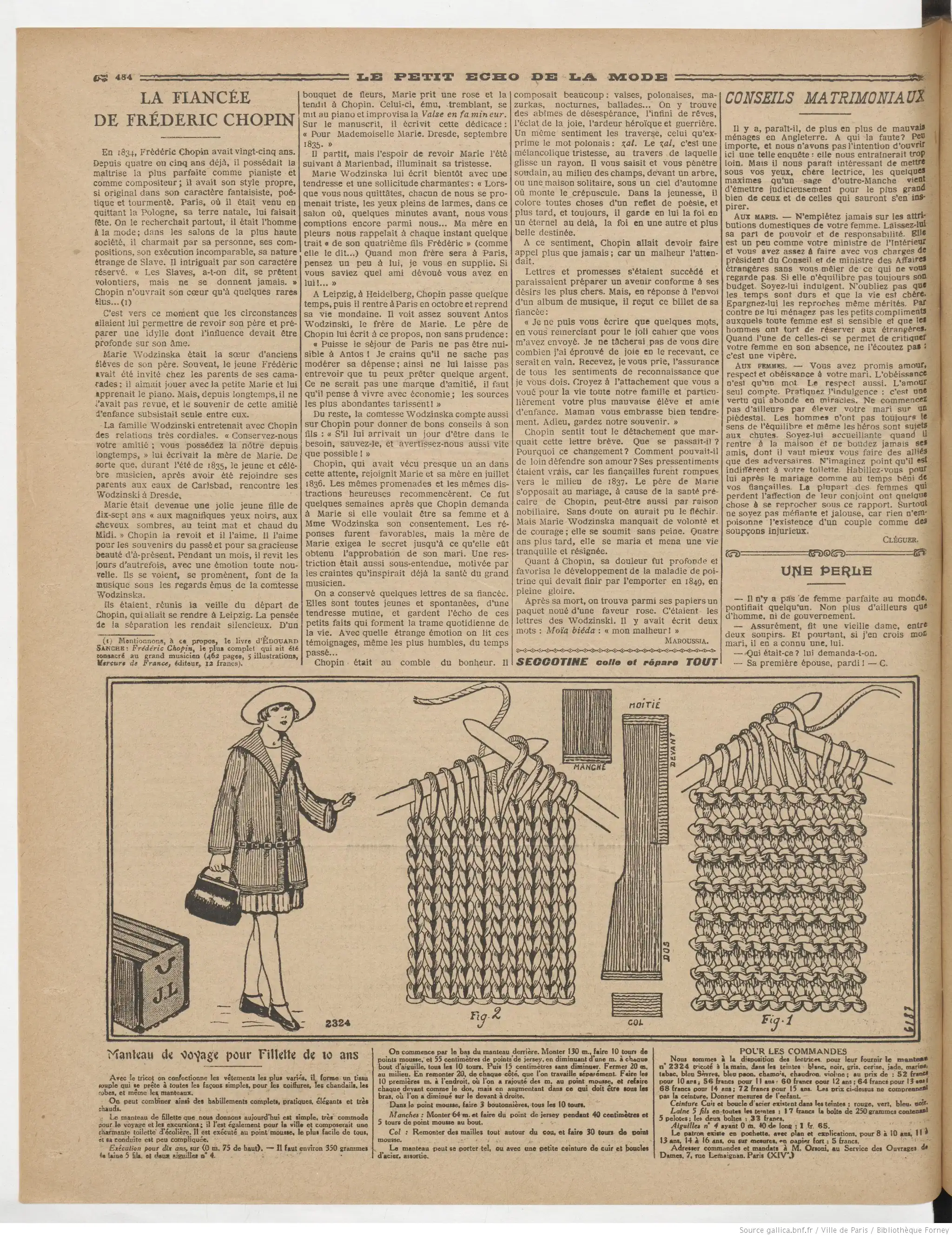 La Bignole Le Petit écho de la mode édition du 30 juillet 1922 la page quatre fabriquer un manteau pour fillette