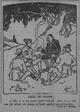 caricature humour dessin quatre chasseurs discutent et l'un d'eux explique qu'il n'est jamais rentré de la chasse les mains vides. Il y a deux ans il est rentré avec un procès-verbal et l'année suivante avec du plomb dans les fesses