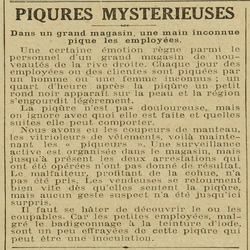 Piqûres mystérieuses, dans un grand magasin, une main inconnue pique les employées, une enquête est encours à suivre et un siècle plus tard des imitateurs ?