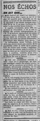 On dit que : des nouvelles de Monsieur Vaillant, pionnier de la radiologie française, suite à sa nième opération et un souhait de sa part, léger ses clichés radiographiques au gouvernement français au lieu de les vendre à l'Amérique, à condition.