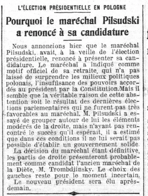 Explications du refus de la présidence de la république polonaise du Maréchal Pildzuski