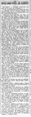 Soyez-bon avec les clients, la grève des boulangers inutile ? Mais surtout les rapports entre clients et commerçants, en rappelant que c'est le client qui assure le pain au commerçants et aux boulangers