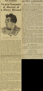 Le prix Goncourt décerné à Henri Béraud,  la suite les détails des votes et le déjeuner servi avec filets de sole Cartier, poularde de Bresse, soufflé Saint-Alliance, fromage, fruits et café