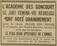 Justement, on parle du prix Goncourt et le prix Fémina, alors une une petite réclame pour les Folies Bergère