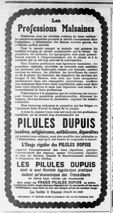 Une publicité pour les pilules Dupuis, qui énumère les professions malsaines, plus possible de dire qu'on savait pas où qu'une étude ne démontre pas les effets négatifs sur la santé de...