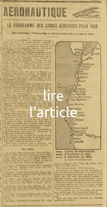 le programme des lignes aériennes pour 1923, avec la réalisation des lignes Toulouse - Alger et Casablanca - Cap Juby