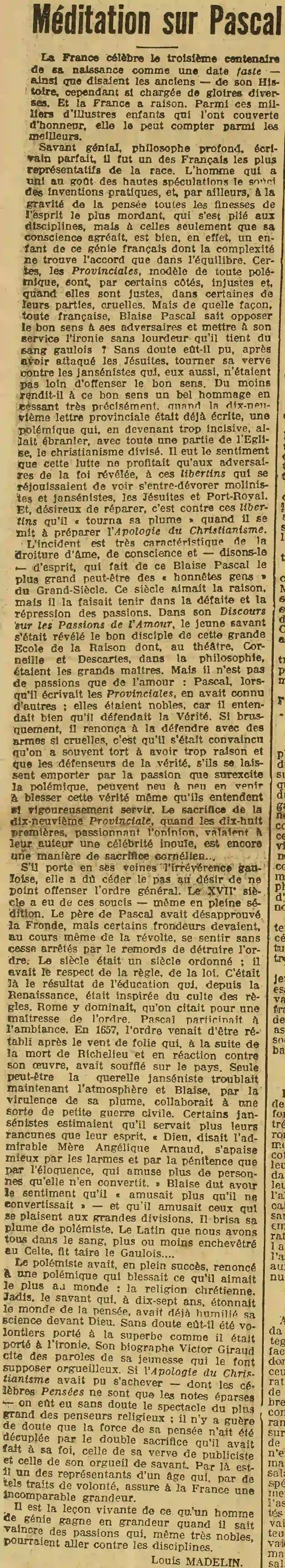 Le Grand écho du Nord méditations sur  Pascal