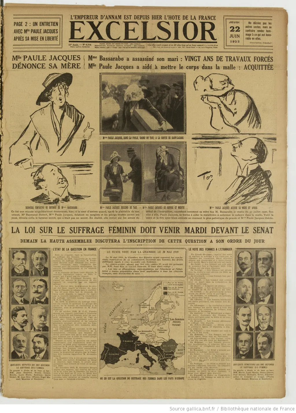 Excelsior édition du 22 juin 1922 la loi sur le vote des femmes la une