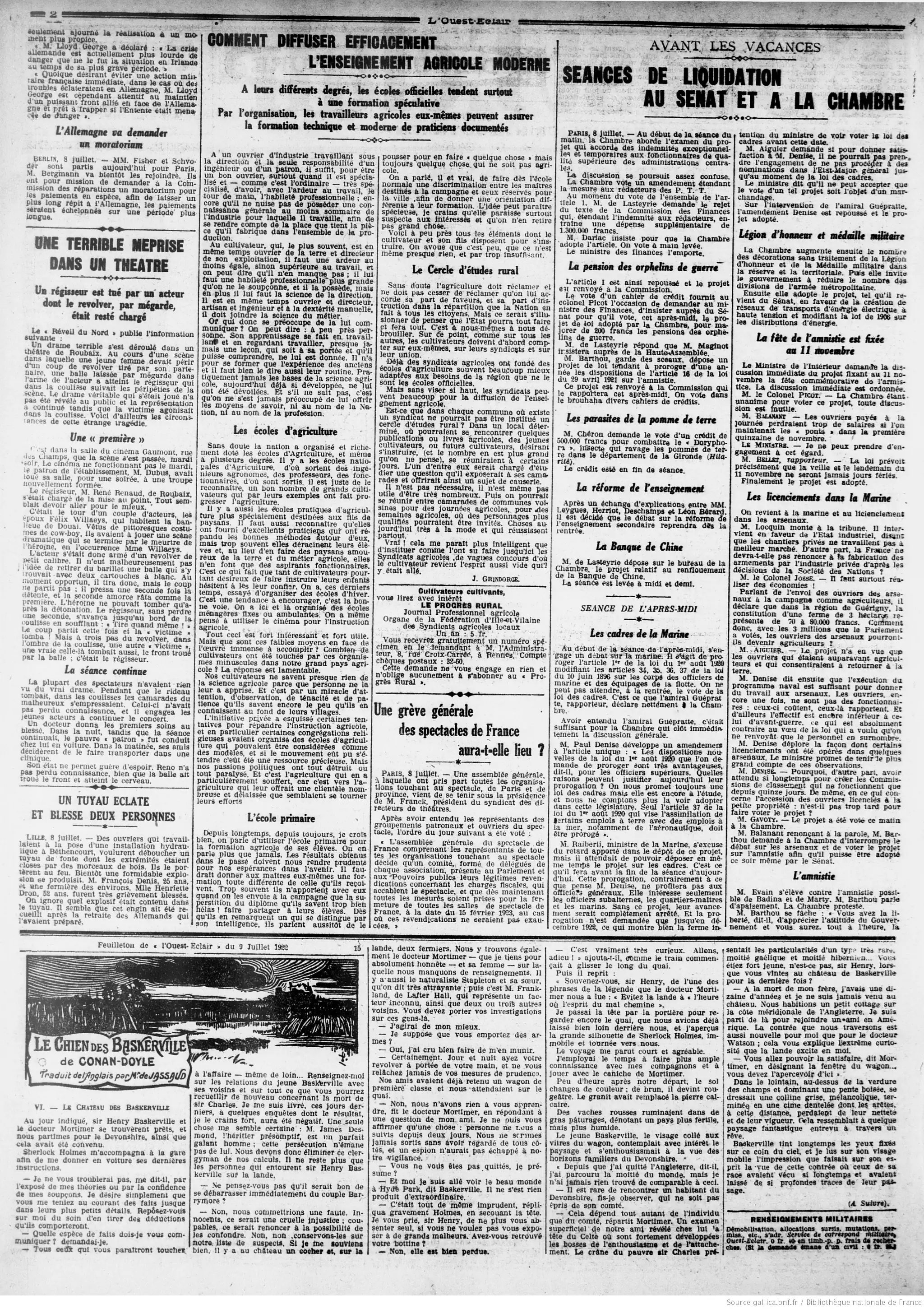 LOuest Éclair édition du 09 juillet 1922 la page un régisseur de théâtre tué accidentellement par une arme chargée P 05