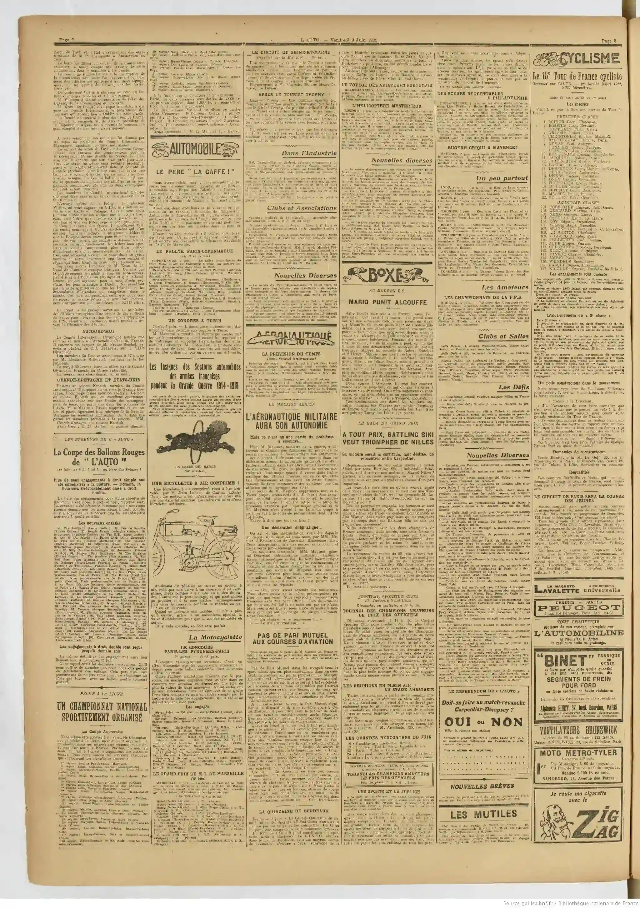 LAuto vélo sports édition du 09 juin 1922 bicyclette à air comprimé page