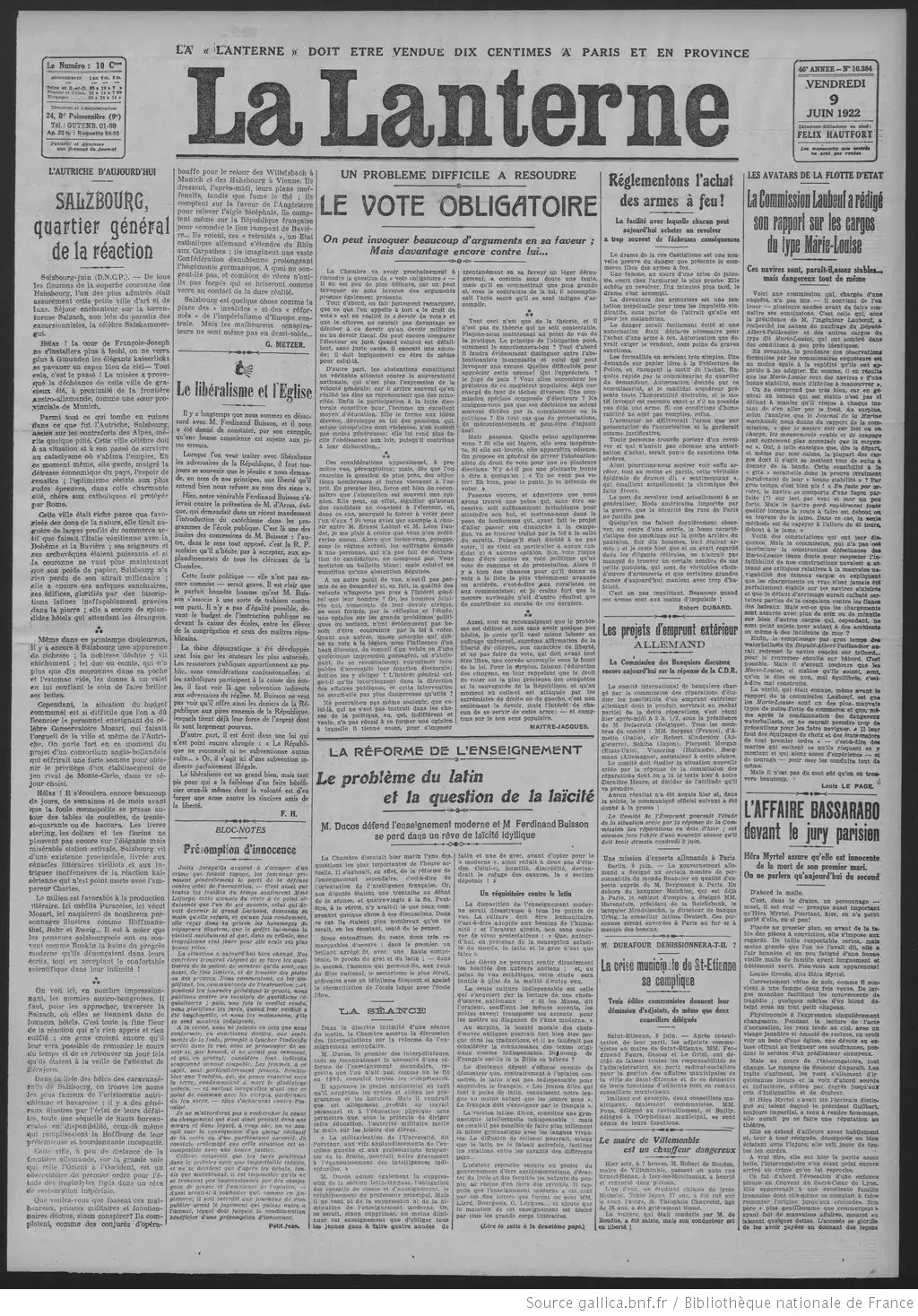 La Lanterne journal politique du 09 juin 1922 le vote obligatoire page