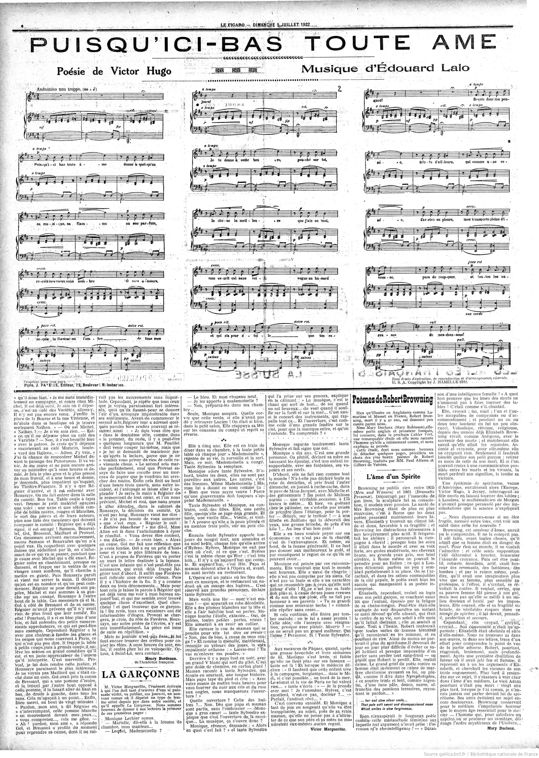 Le Figaro édition du 09 juillet 1922 la page puisque tout le monde à une âme musique Edouard Lalo 4 05