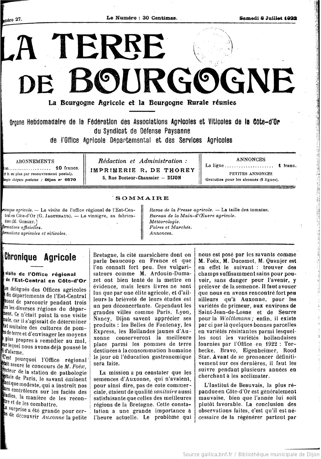 La Terre de Bourgogne édition du 08 juillet 1922 la une la taille des tomates P10 05
