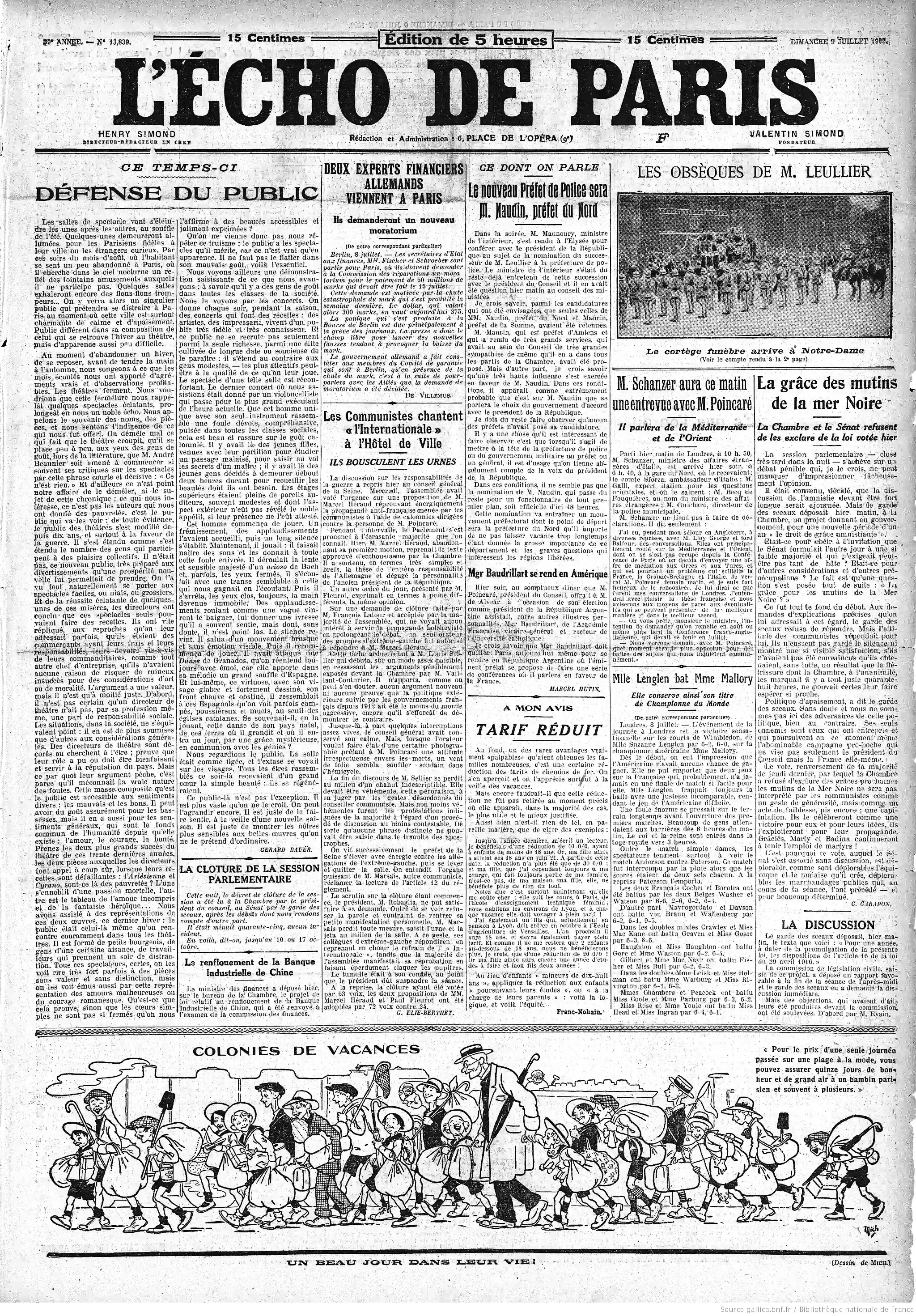 LÉcho de Paris édition du 09 juillet 1922 la une colonies de vacances P1 05